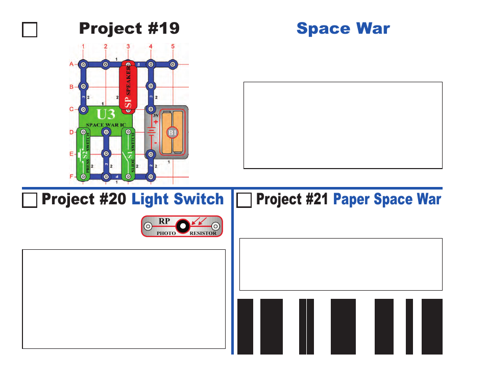 Project #19, Space war project #20 light switch, Project #21 paper space war | Elenco Projects 1-101 User Manual | Page 18 / 48