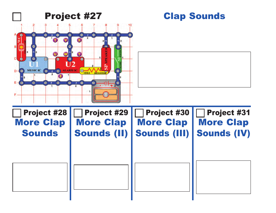 Project #27, Clap sounds, More clap sounds | More clap sounds (ii), More clap sounds (iii), More clap sounds (iv), Project #28, Project #29, Project #30, Project #31 | Elenco Projects 1-101 User Manual | Page 20 / 48