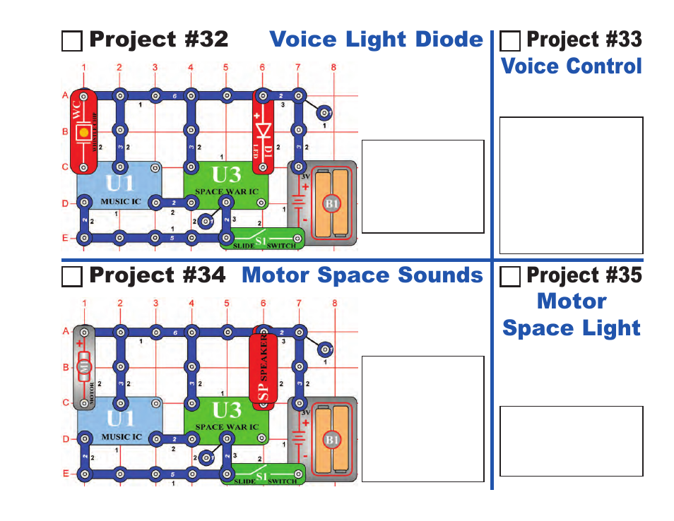 Project #32 voice light diode, Project #34 motor space sounds, Project #35 motor space light | Project #33 voice control | Elenco Projects 1-101 User Manual | Page 21 / 48