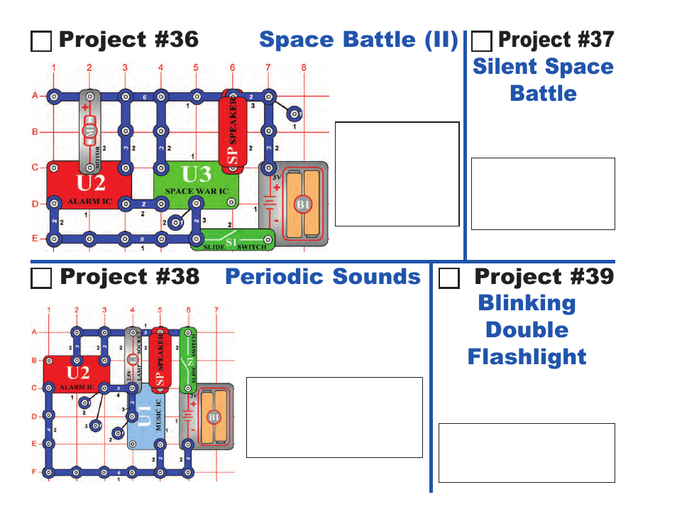 Project #39 blinking double flashlight, Project #37 silent space battle | Elenco Projects 1-101 User Manual | Page 22 / 48