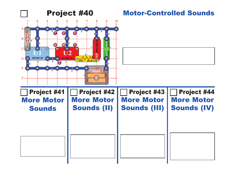 Project #40, Motor-controlled sounds, More motor sounds | More motor sounds (ii), More motor sounds (iii), More motor sounds (iv), Project #41, Project #42, Project #43, Project #44 | Elenco Projects 1-101 User Manual | Page 23 / 48