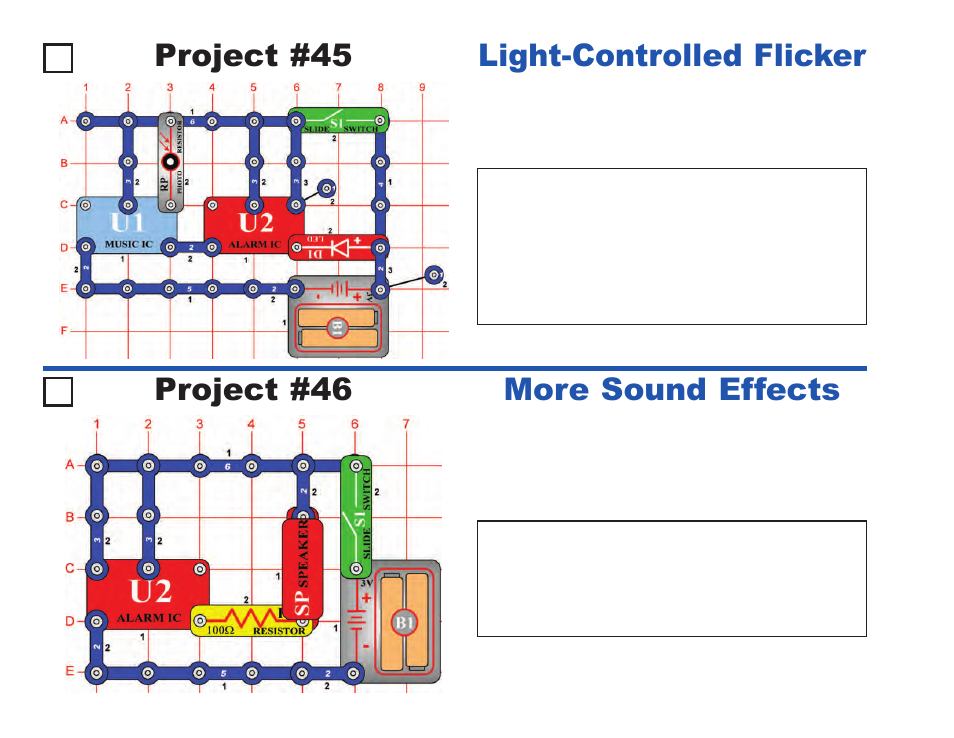 Project #45, Light-controlled flicker project #46, More sound effects | Elenco Projects 1-101 User Manual | Page 24 / 48