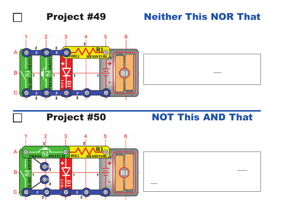 Project #49, Neither this nor that project #50, Not this and that | Elenco Projects 1-101 User Manual | Page 26 / 48