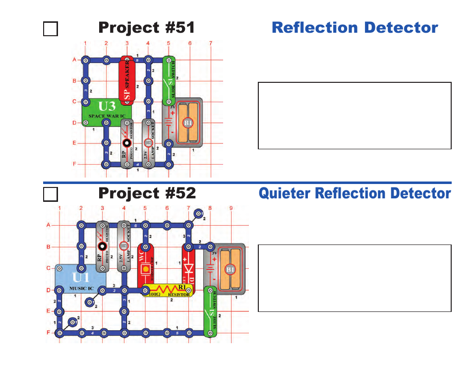 Project #51, Reflection detector project #52, Quieter reflection detector | Elenco Projects 1-101 User Manual | Page 27 / 48