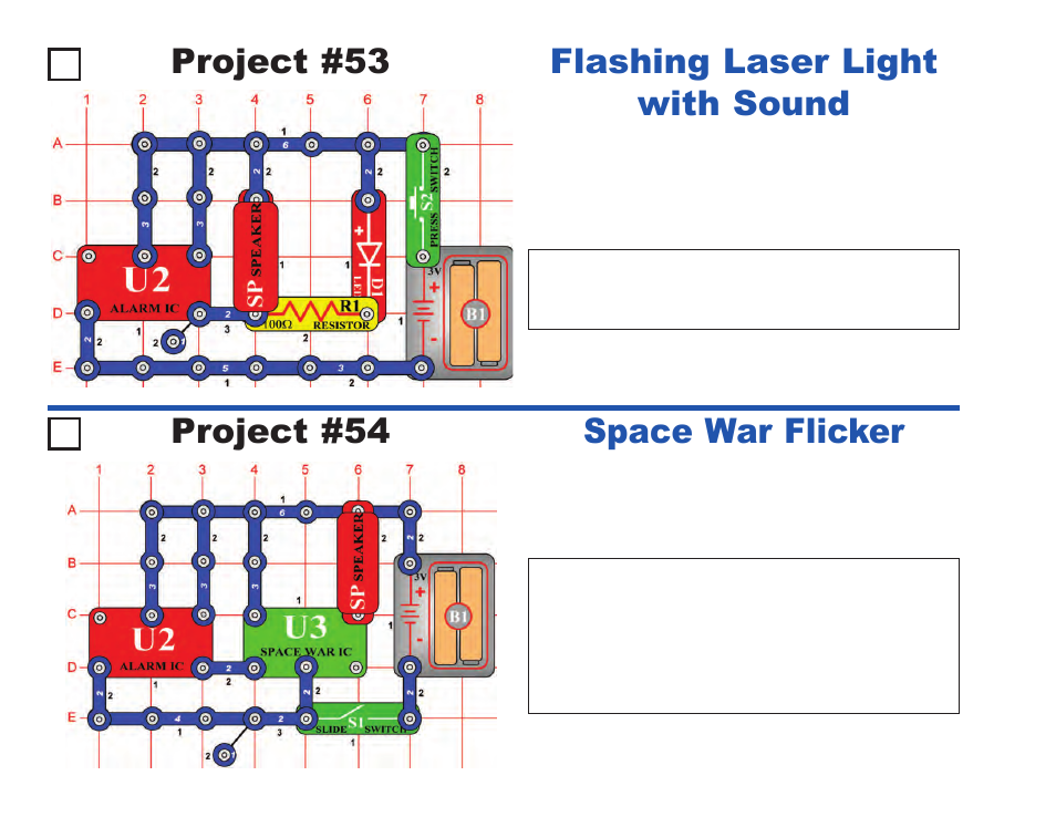 Project #53, Flashing laser light with sound project #54, Space war flicker | Elenco Projects 1-101 User Manual | Page 28 / 48