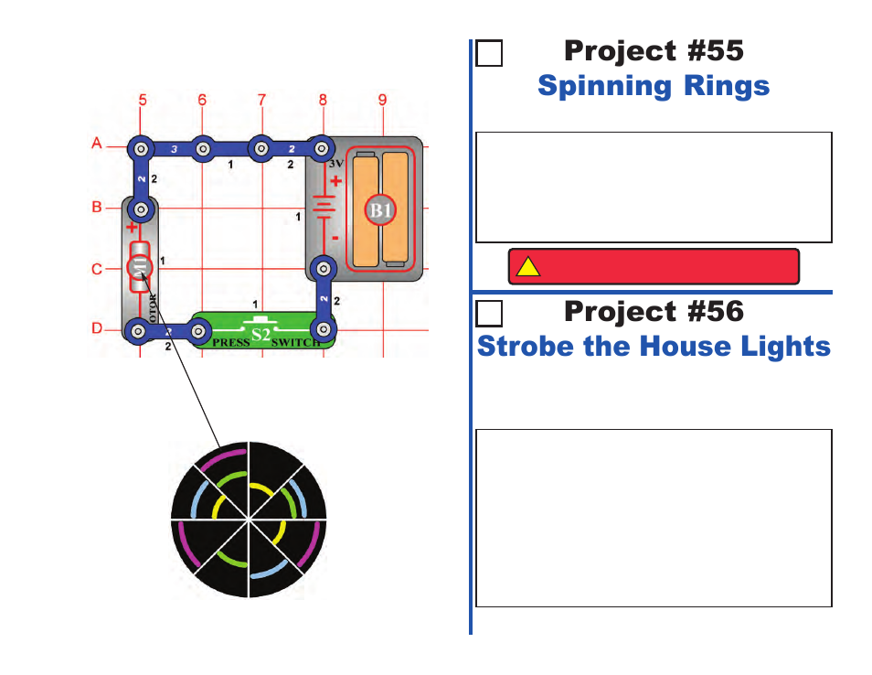 Project #55, Spinning rings project #56, Strobe the house lights | Elenco Projects 1-101 User Manual | Page 29 / 48