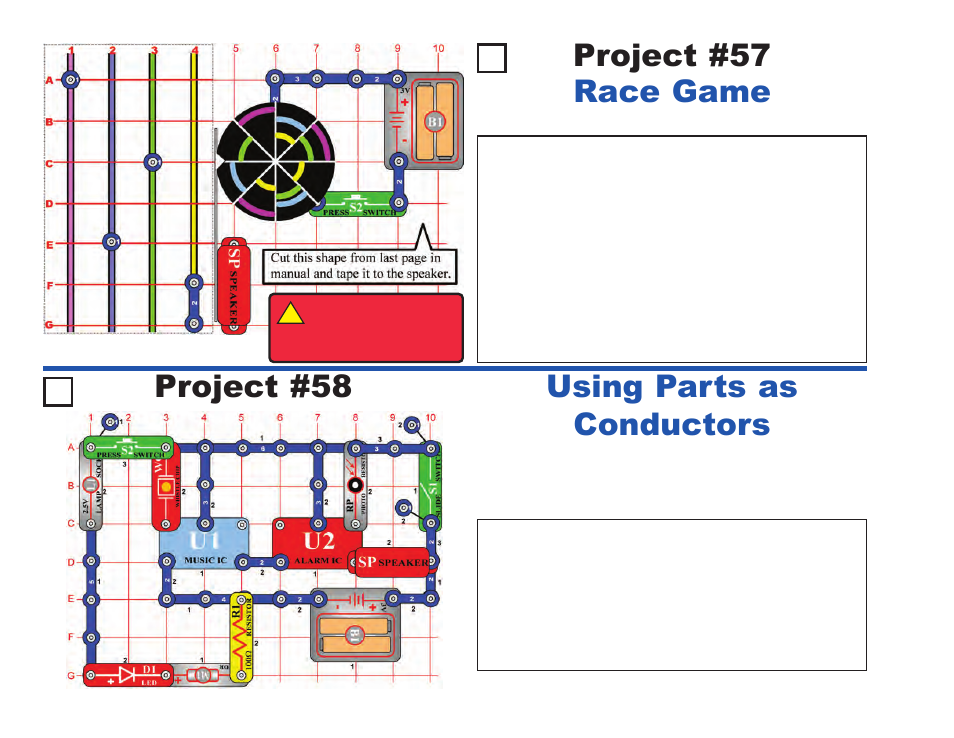 Project #58, Using parts as conductors project #57, Race game | Elenco Projects 1-101 User Manual | Page 30 / 48