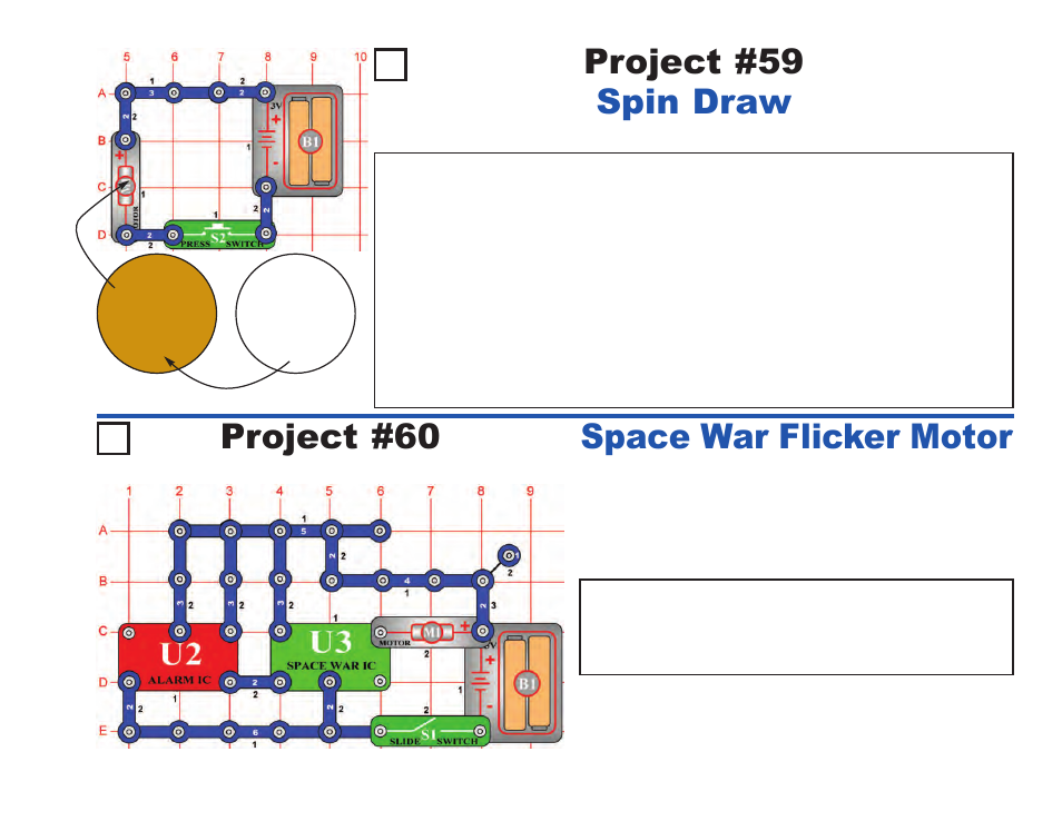 Project #59, Spin draw project #60, Space war flicker motor | Elenco Projects 1-101 User Manual | Page 31 / 48