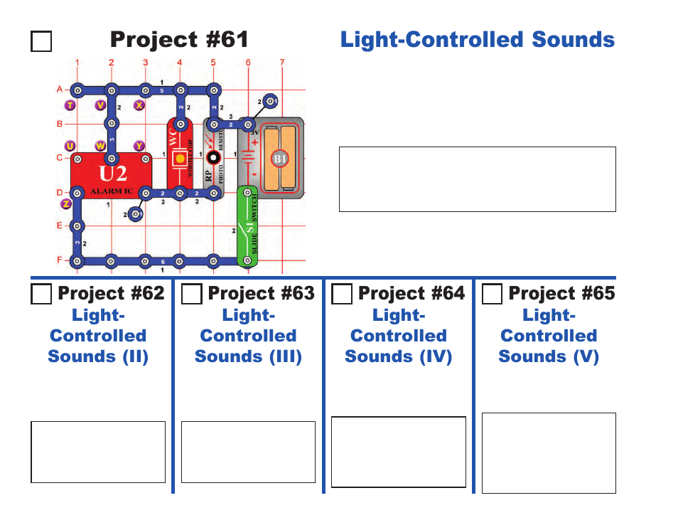 Project #61, Light-controlled sounds, Project #62 | Project #63, Project #64, Project #65, Light- controlled sounds (ii), Light- controlled sounds (iii), Light- controlled sounds (iv), Light- controlled sounds (v) | Elenco Projects 1-101 User Manual | Page 32 / 48