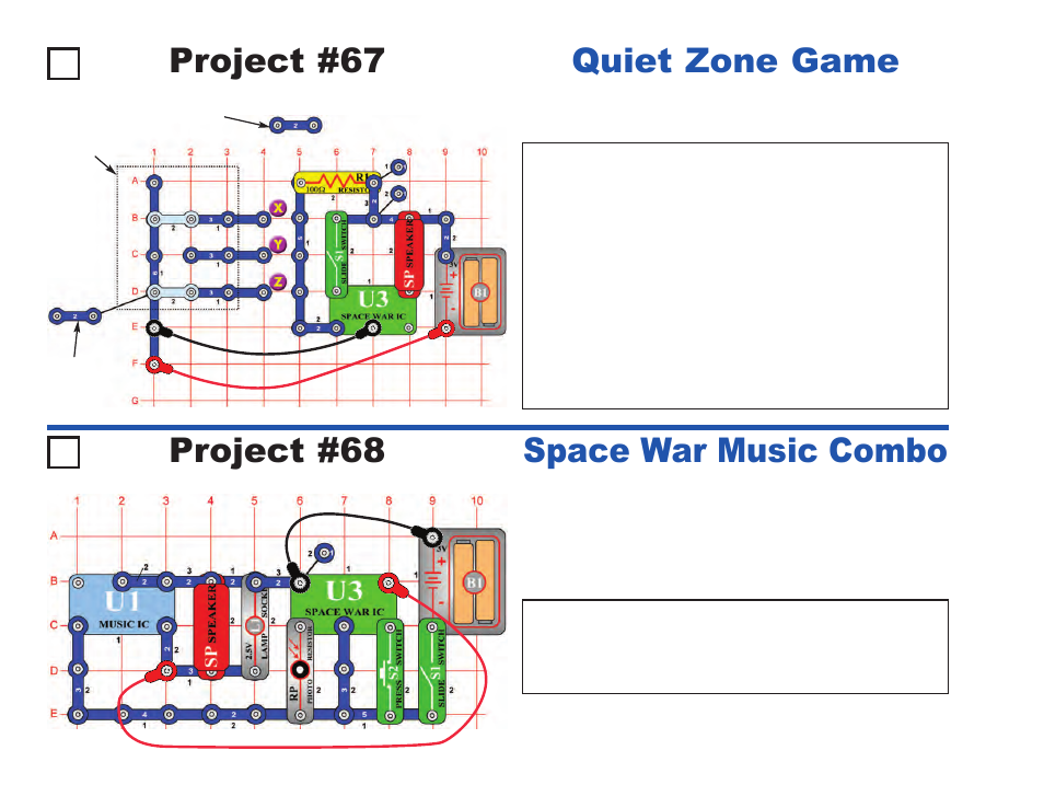 Project #67, Quiet zone game project #68, Space war music combo | Elenco Projects 1-101 User Manual | Page 34 / 48
