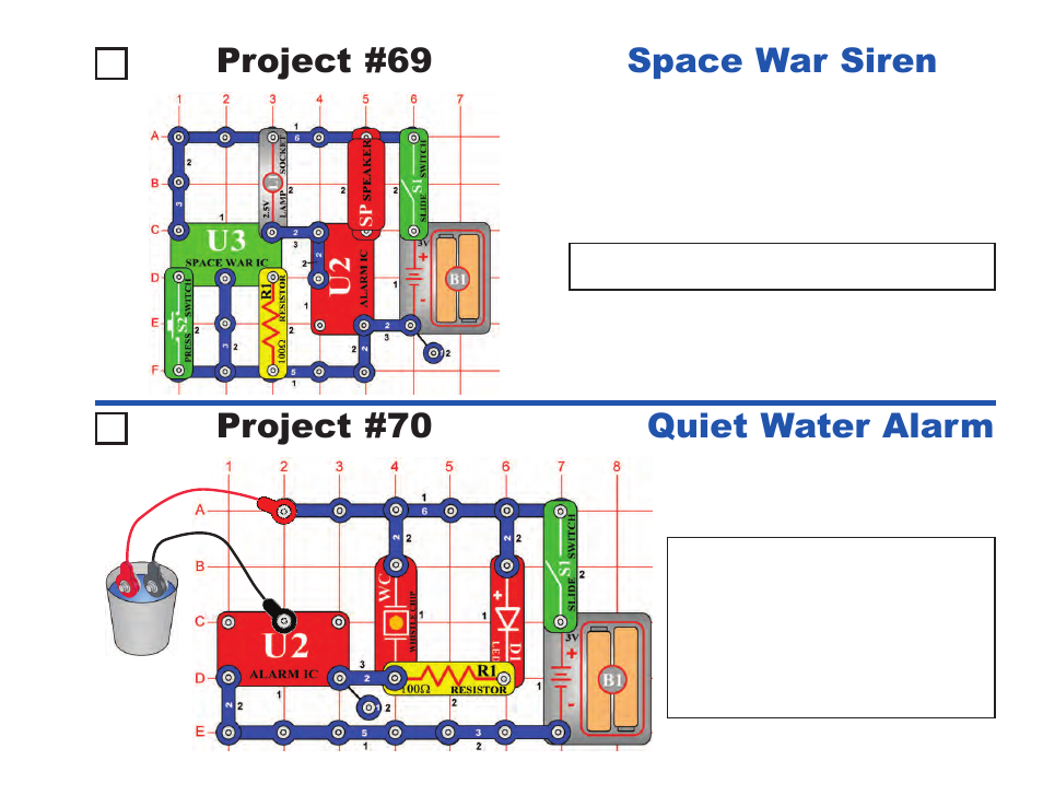 Project #69, Space war siren quiet water alarm, Project #70 | Elenco Projects 1-101 User Manual | Page 35 / 48