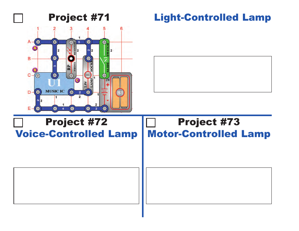 Project #71, Light-controlled lamp, Project #73 | Project #72 voice-controlled lamp, Motor-controlled lamp | Elenco Projects 1-101 User Manual | Page 36 / 48
