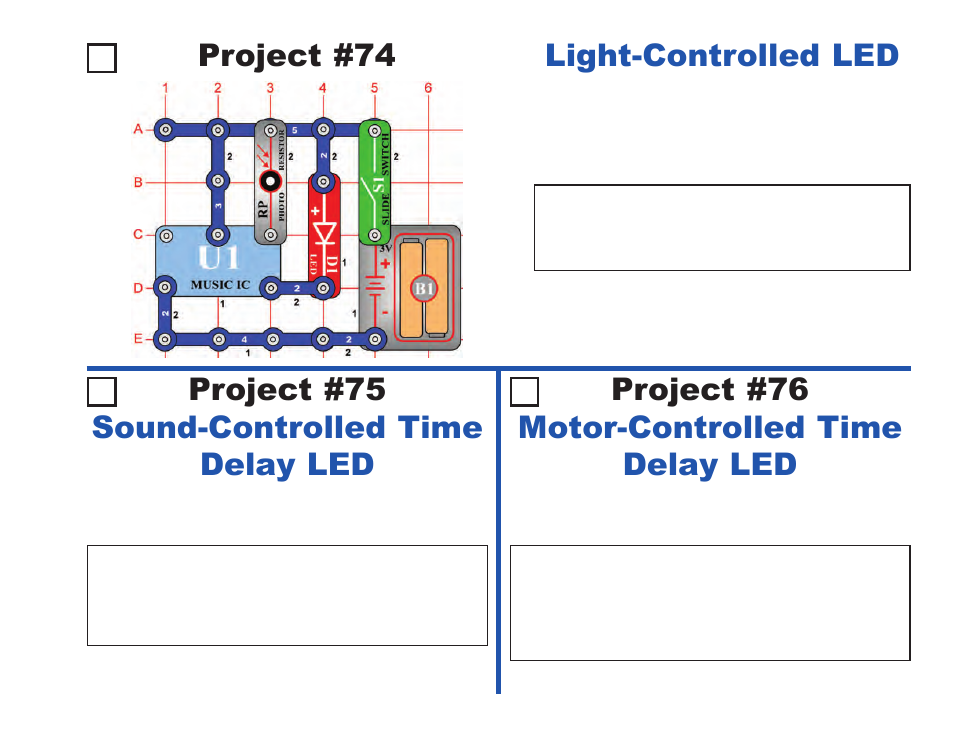Project #74, Light-controlled led, Project #76 | Project #75 sound-controlled time delay led, Motor-controlled time delay led | Elenco Projects 1-101 User Manual | Page 37 / 48