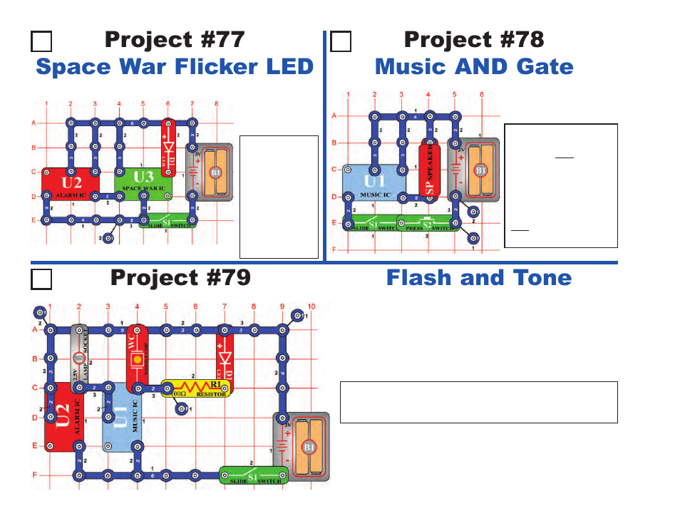 Project #79, Flash and tone project #77 space war flicker led, Project #78 music and gate | Elenco Projects 1-101 User Manual | Page 38 / 48