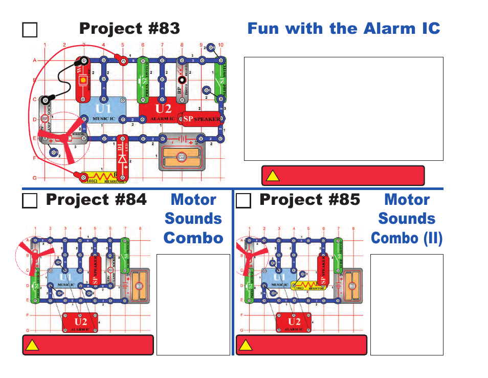 Project #83, Fun with the alarm ic project #84, Project #85 motor sounds combo (ii) | Motor sounds combo | Elenco Projects 1-101 User Manual | Page 40 / 48