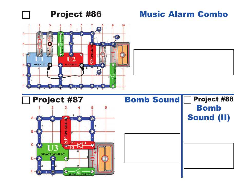 Project #86, Music alarm combo project #87 bomb sound, Bomb sound (ii) | Project #88 | Elenco Projects 1-101 User Manual | Page 41 / 48