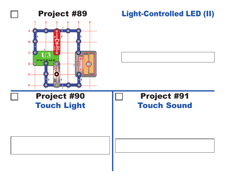 Project #89, Light-controlled led (ii), Project #91 | Project #90 touch light, Touch sound | Elenco Projects 1-101 User Manual | Page 42 / 48