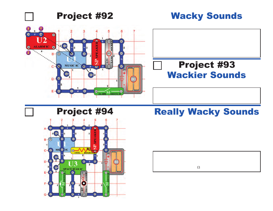 Project #94 wacky sounds, Really wacky sounds, Wackier sounds project #93 project #92 | Elenco Projects 1-101 User Manual | Page 43 / 48