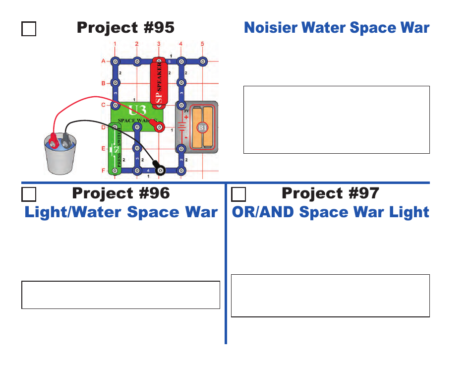 Project #95, Noisier water space war, Project #97 | Project #96 light/water space war, Or/and space war light | Elenco Projects 1-101 User Manual | Page 44 / 48