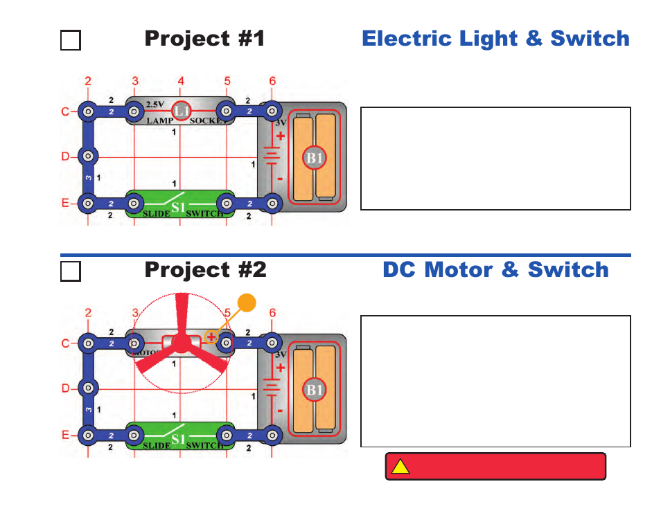 Project #1, Electric light & switch project #2, Dc motor & switch | Elenco Projects 1-101 User Manual | Page 9 / 48