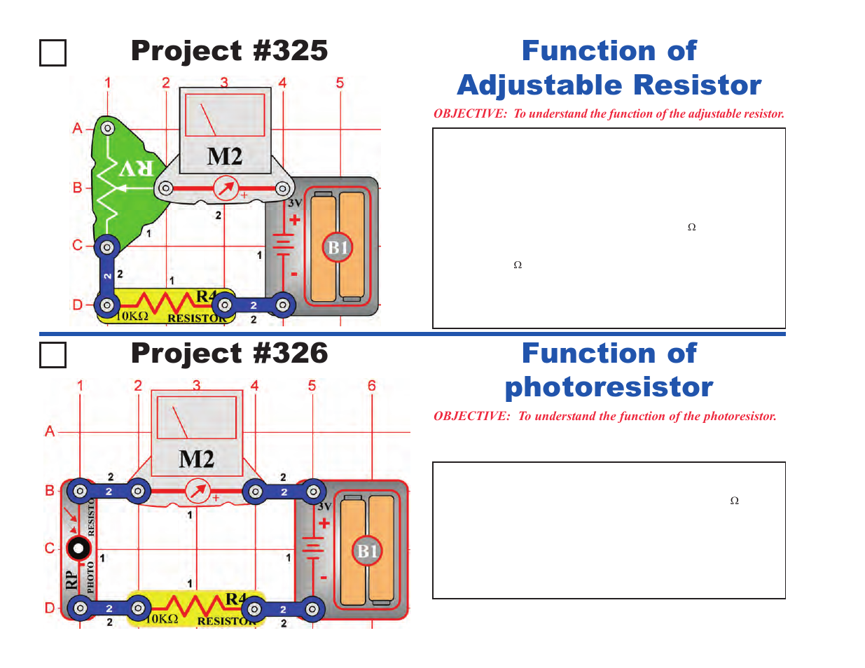Project #325, Function of adjustable resistor project #326, Function of photoresistor | Elenco Projects 306-511 User Manual | Page 16 / 64