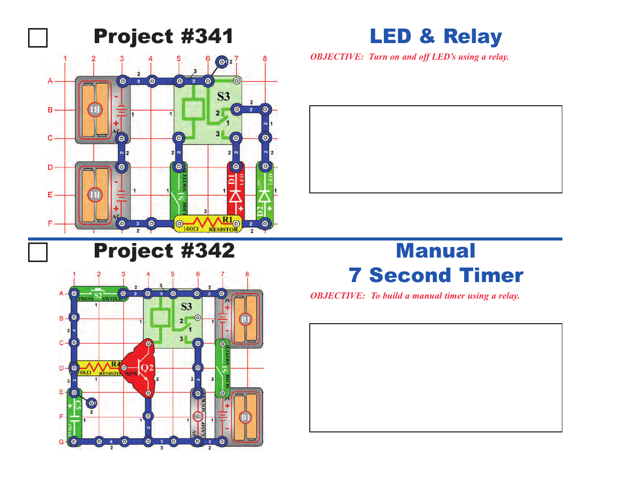 Project #341, Led & relay project #342, Manual 7 second timer | Elenco Projects 306-511 User Manual | Page 20 / 64