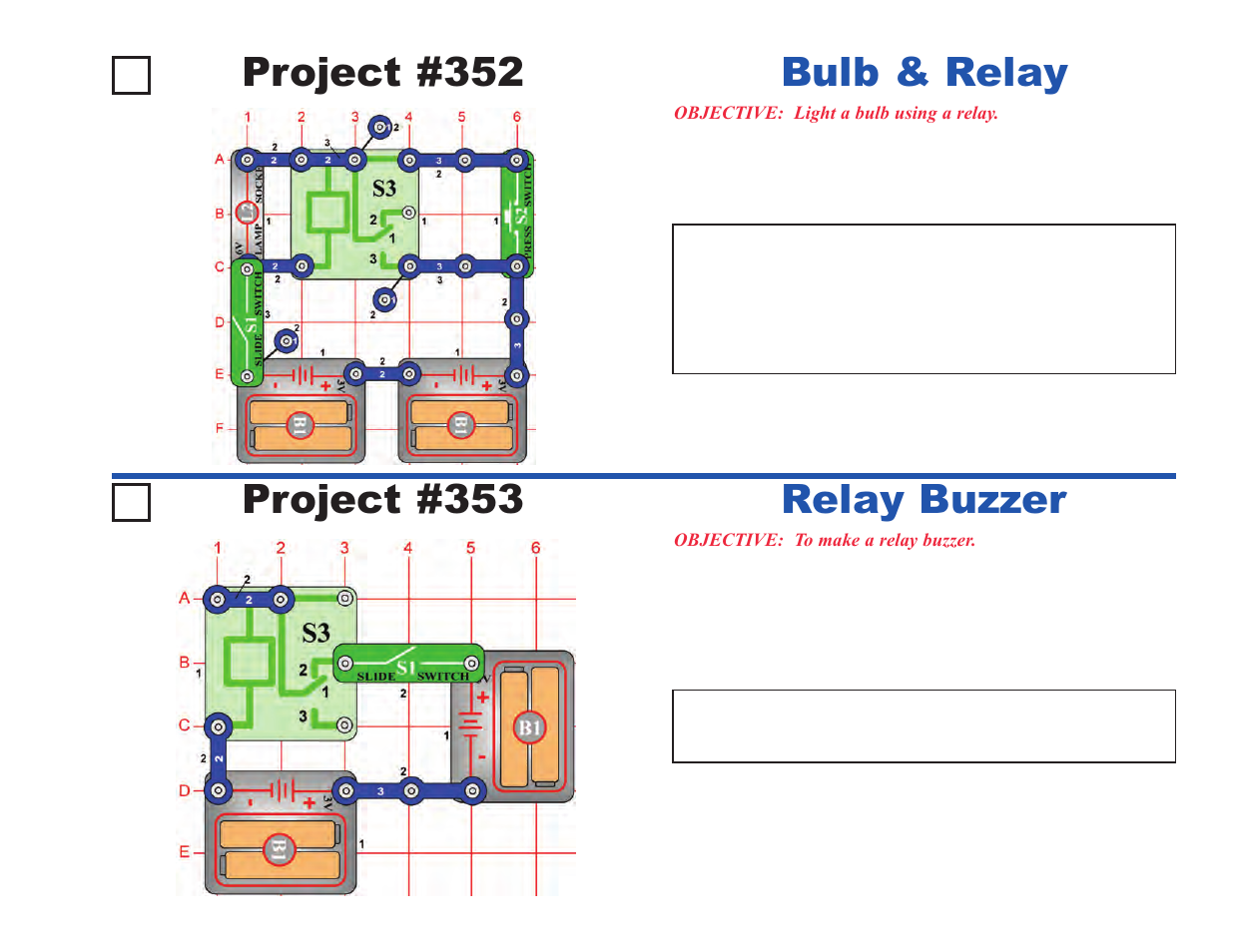 Project #353, Relay buzzer project #352, Bulb & relay | Elenco Projects 306-511 User Manual | Page 23 / 64