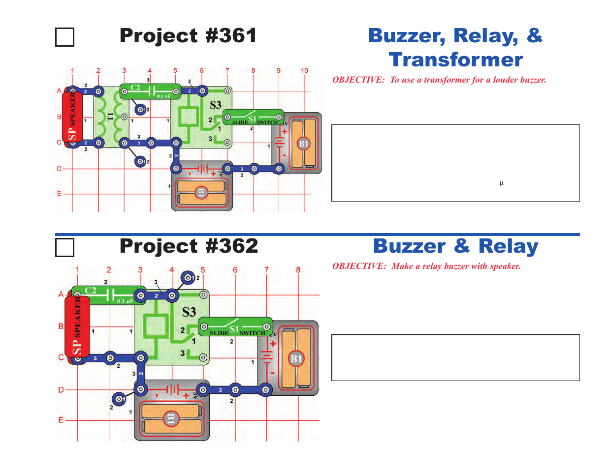 Project #361, Buzzer, relay, & transformer project #362, Buzzer & relay | Elenco Projects 306-511 User Manual | Page 27 / 64