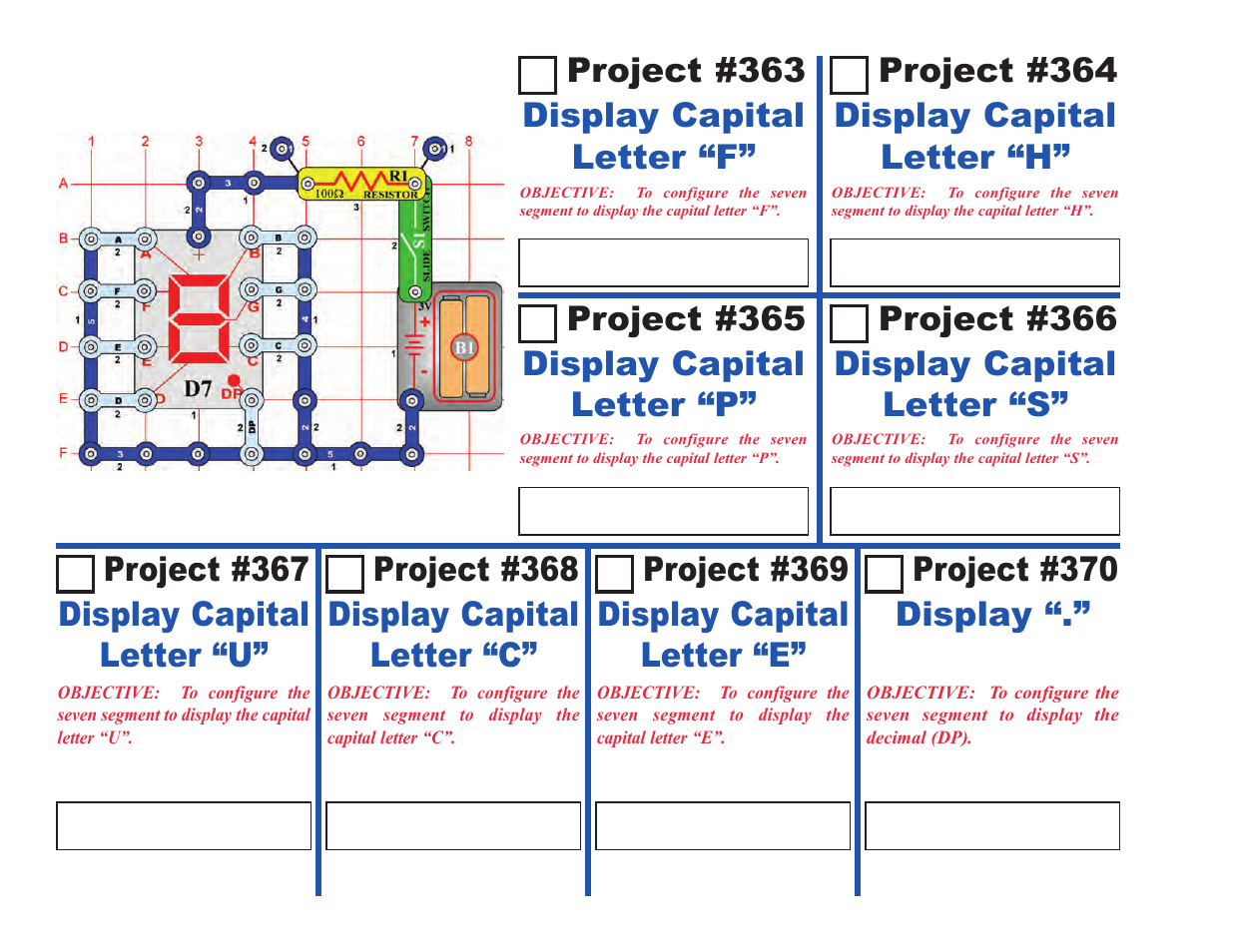 Project #363, Display capital letter “f, Display capital letter “h | Display capital letter “p, Display capital letter “u” project #370, Display “.” project #369, Display capital letter “e” project #368, Display capital letter “c | Elenco Projects 306-511 User Manual | Page 28 / 64