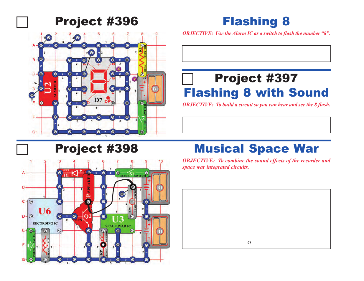 Project #396 flashing 8, Flashing 8 with sound, Musical space war | Elenco Projects 306-511 User Manual | Page 36 / 64