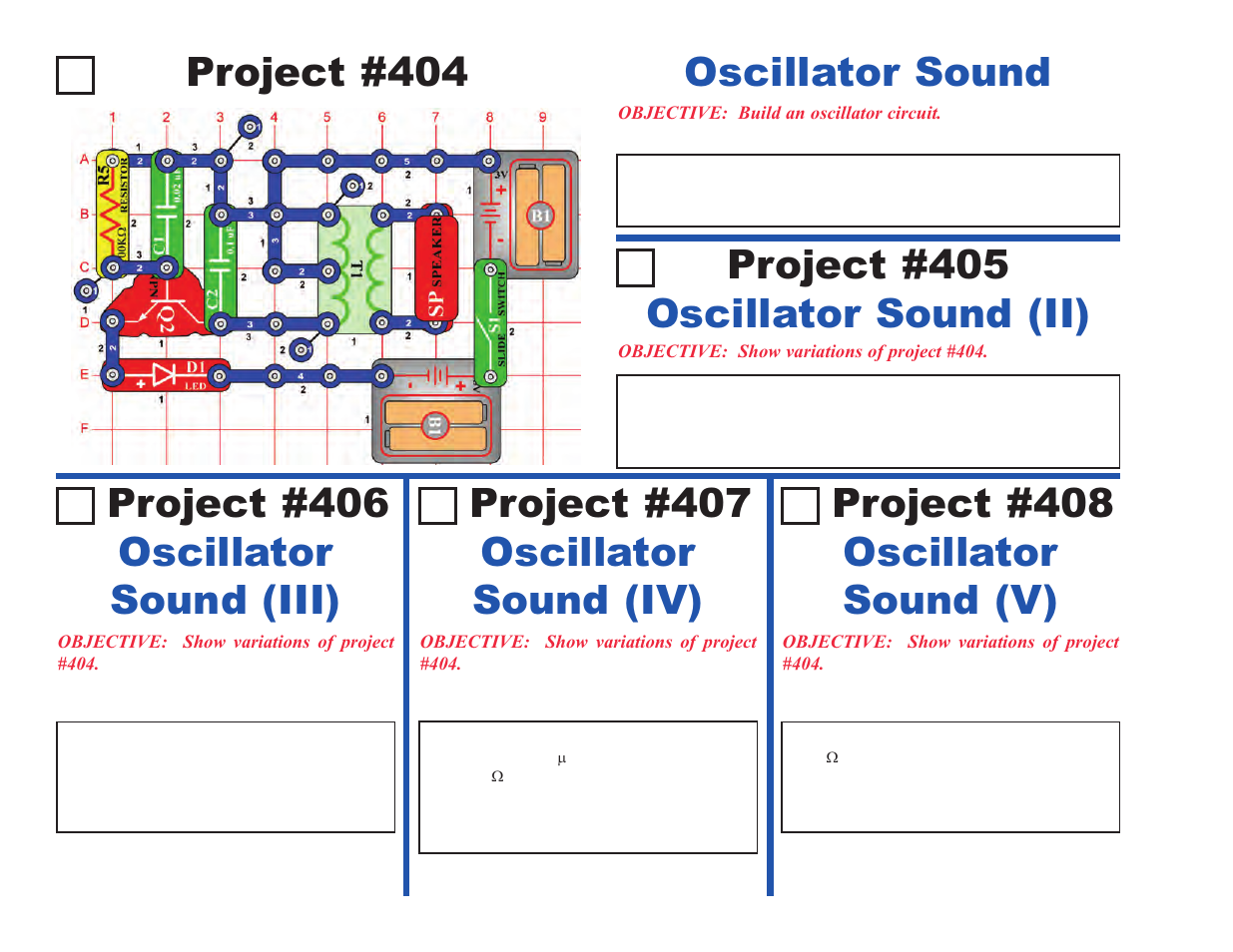 Project #404, Oscillator sound, Oscillator sound (iii) project #406 | Oscillator sound (iv) project #407, Oscillator sound (v) project #408, Oscillator sound (ii) project #405 | Elenco Projects 306-511 User Manual | Page 38 / 64