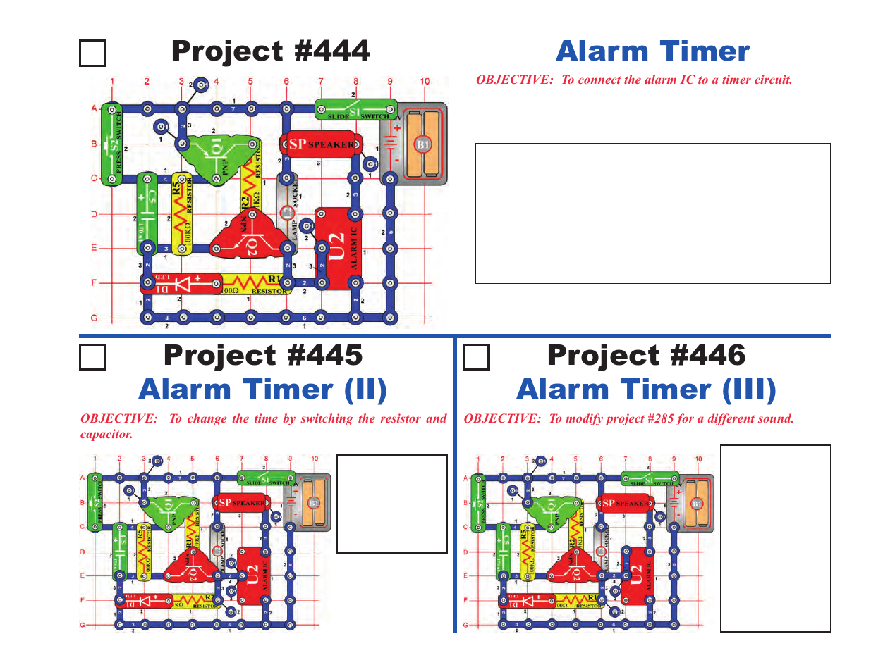 Project #445 alarm timer (ii), Project #446 alarm timer (iii), Project #444 | Alarm timer | Elenco Projects 306-511 User Manual | Page 47 / 64