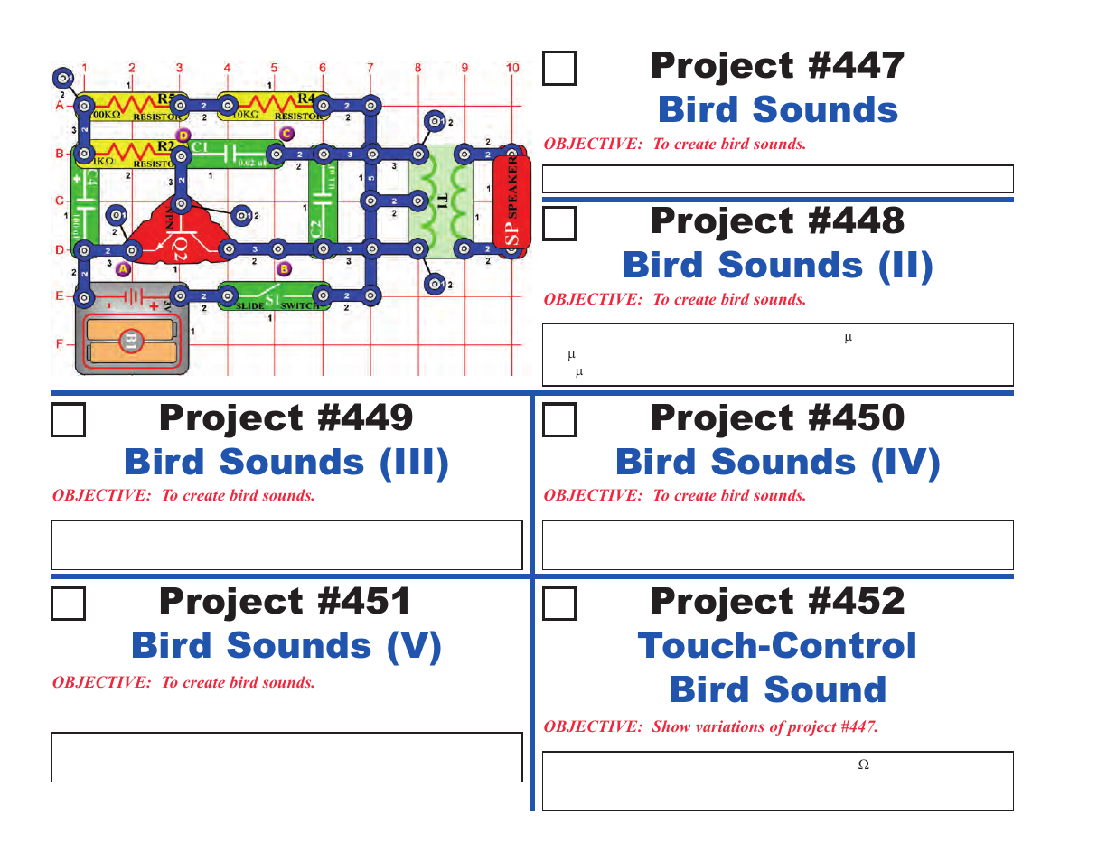 Bird sounds project #447, Bird sounds (ii) project #448, Bird sounds (iii) project #449 | Bird sounds (iv) project #450, Bird sounds (v) project #451, Touch-control bird sound project #452 | Elenco Projects 306-511 User Manual | Page 48 / 64