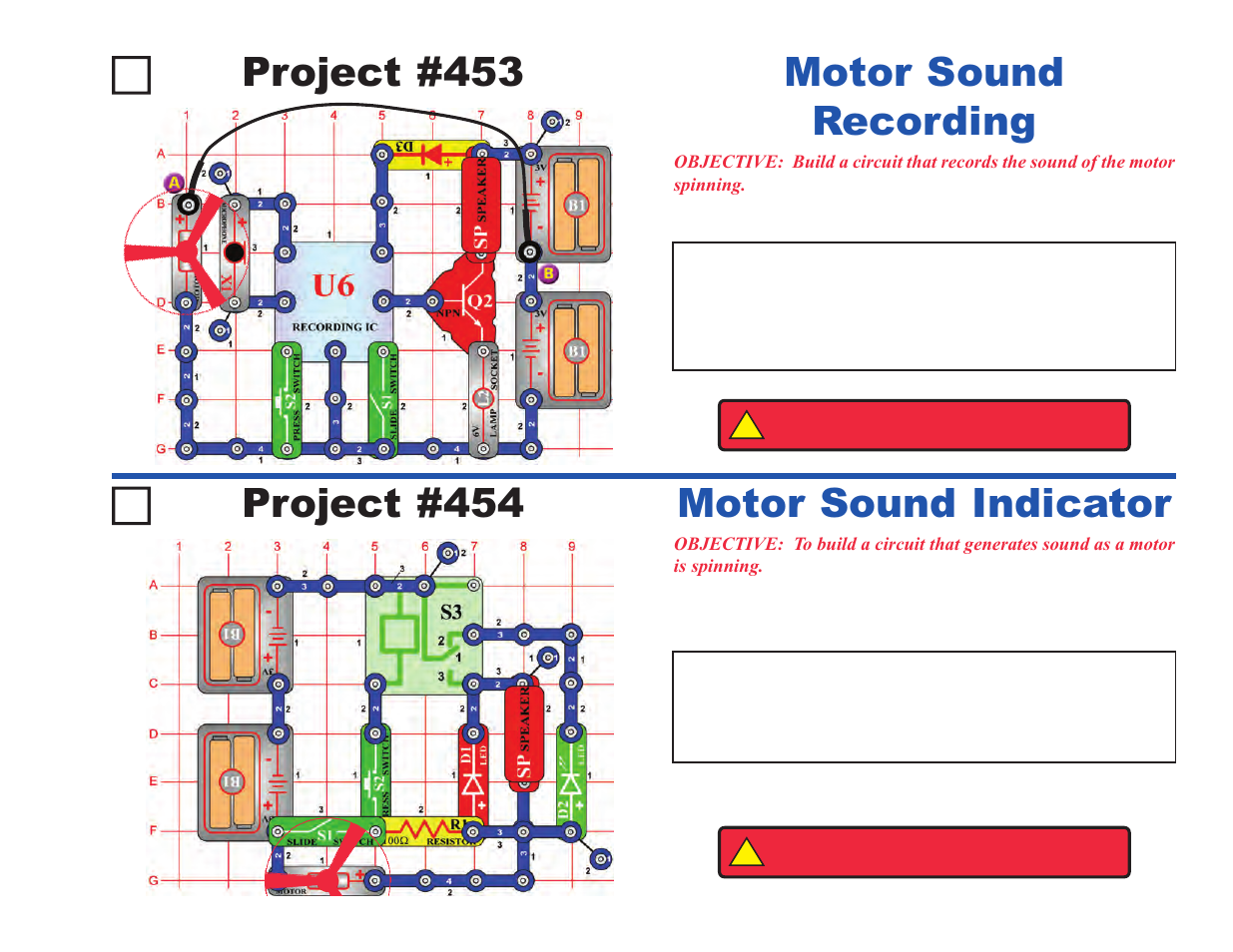 Project #453, Motor sound recording project #454, Motor sound indicator | Elenco Projects 306-511 User Manual | Page 49 / 64