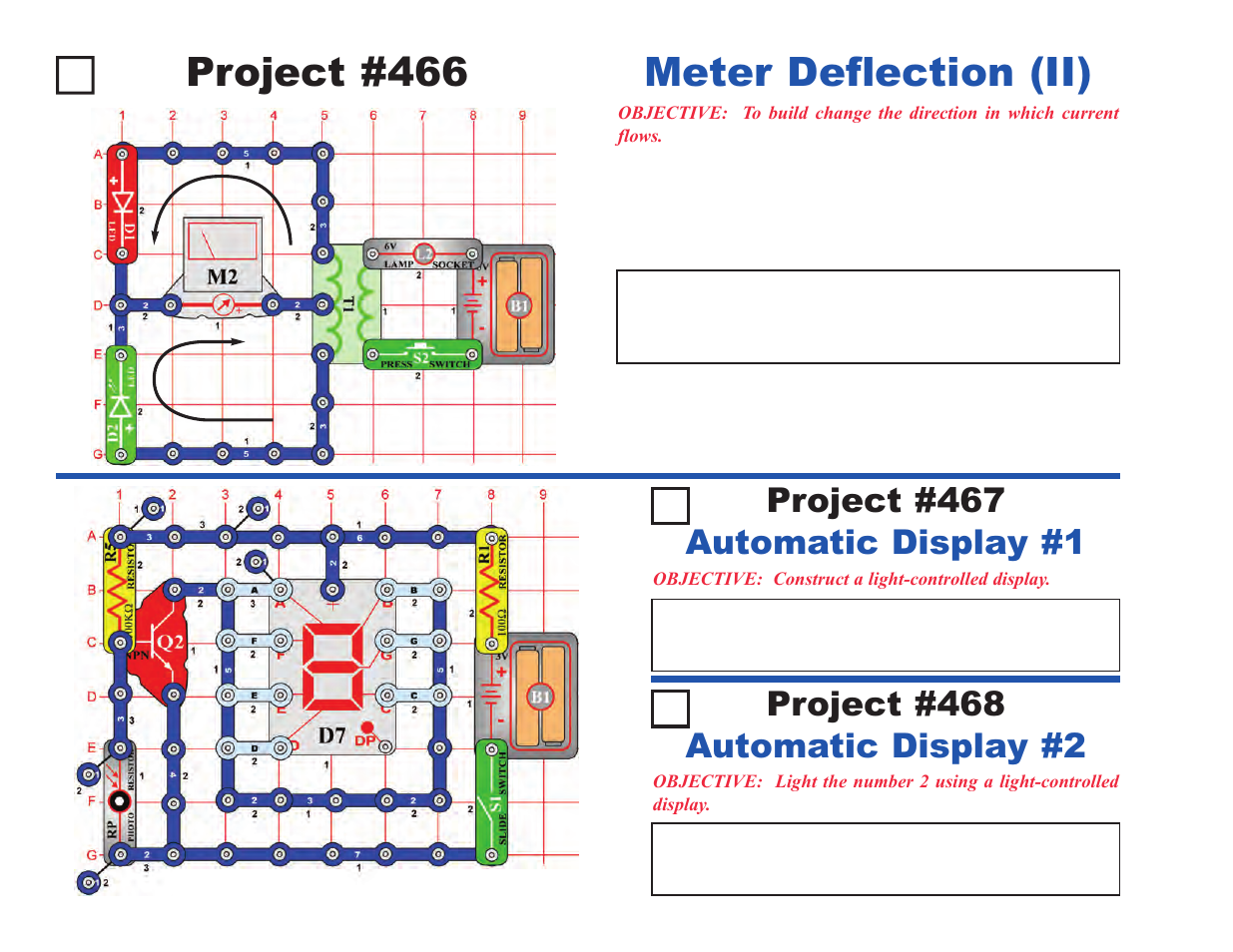 Project #466, Meter deflection (ii), Automatic display #1 project #467 | Automatic display #2 project #468 | Elenco Projects 306-511 User Manual | Page 52 / 64