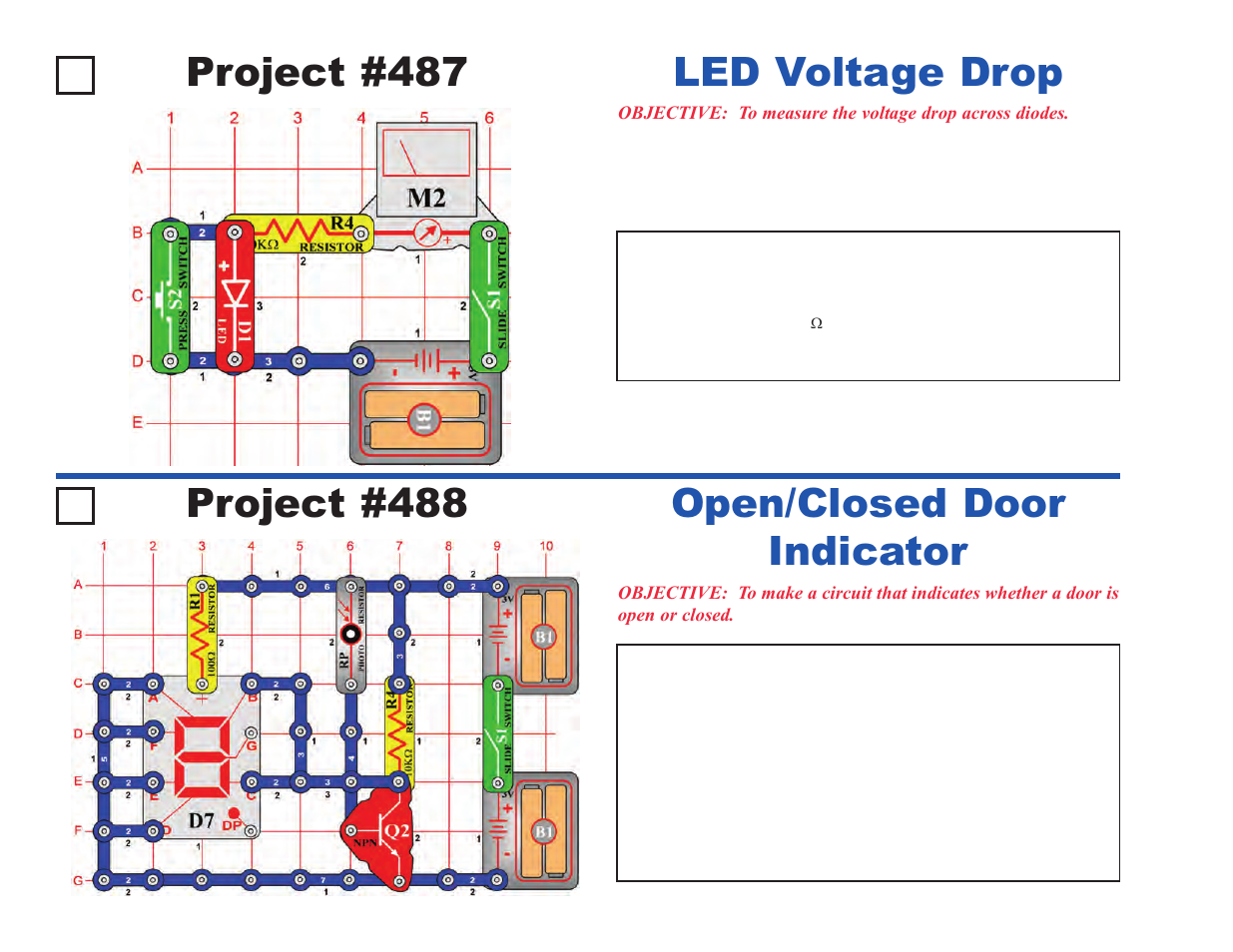 Project #487, Led voltage drop project #488, Open/closed door indicator | Elenco Projects 306-511 User Manual | Page 56 / 64