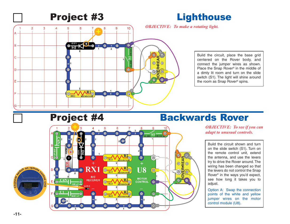 Project #3, Lighthouse, Backwards rover | Project #4 | Elenco R/C Snap Rover® User Manual | Page 12 / 24