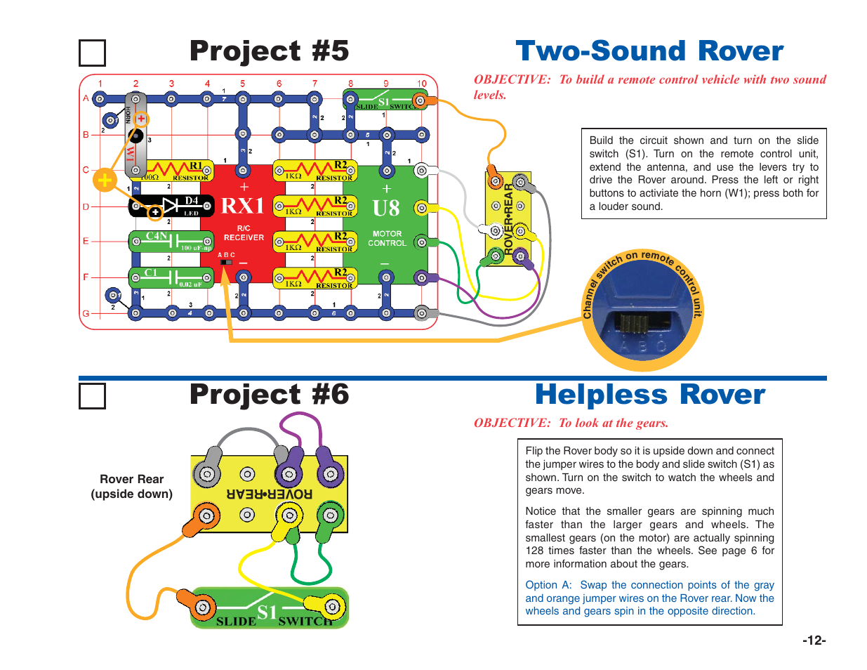 Project #5, Two-sound rover, Helpless rover project #6 | Elenco R/C Snap Rover® User Manual | Page 13 / 24