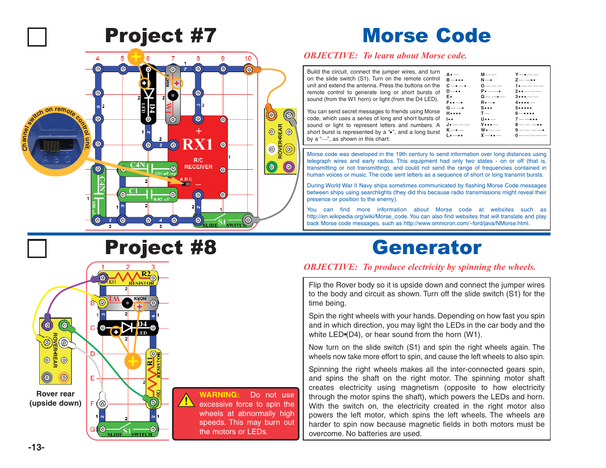 Project #7, Morse code, Project #8 | Generator, Objective: to learn about morse code | Elenco R/C Snap Rover® User Manual | Page 14 / 24