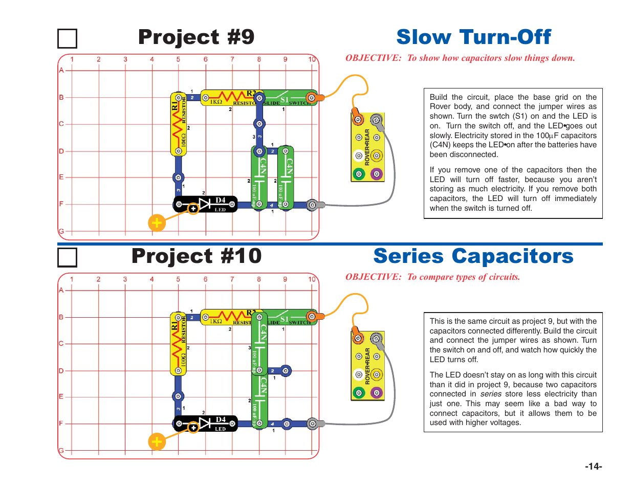 Project #9, Slow turn-off project #10, Series capacitors | Elenco R/C Snap Rover® User Manual | Page 15 / 24