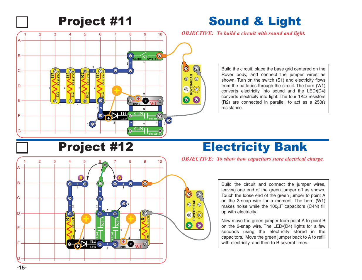 Project #11, Sound & light, Electricity bank project #12 | Elenco R/C Snap Rover® User Manual | Page 16 / 24