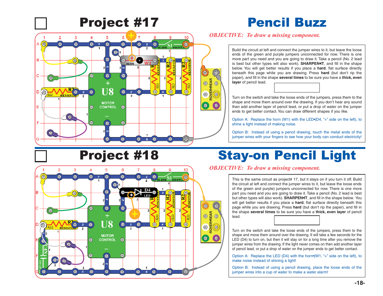Project #17, Pencil buzz, Stay-on pencil light project #18 | Elenco R/C Snap Rover® User Manual | Page 19 / 24