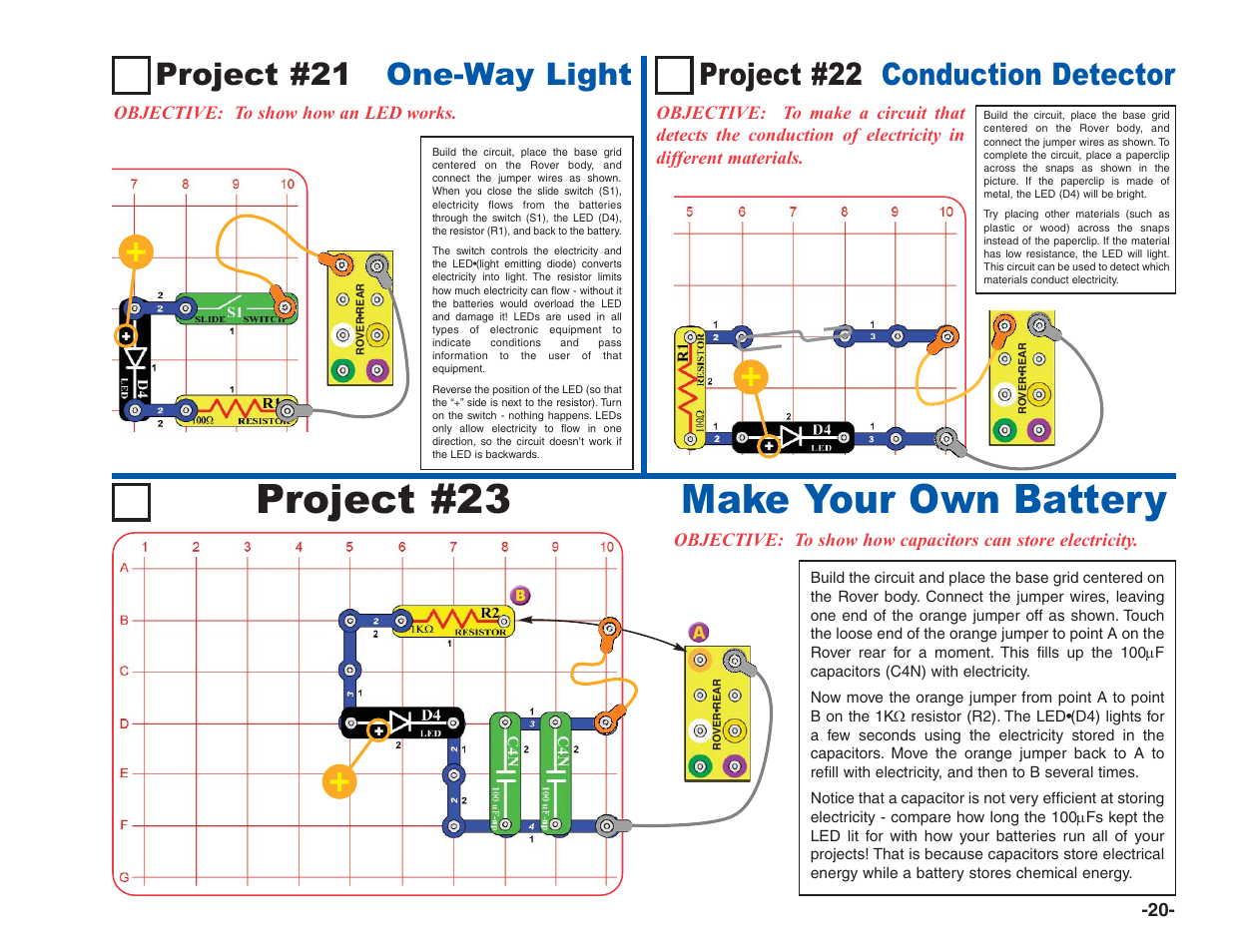 Project #23, Make your own battery, Project #21 one-way light | Project #22 conduction detector | Elenco R/C Snap Rover® User Manual | Page 21 / 24