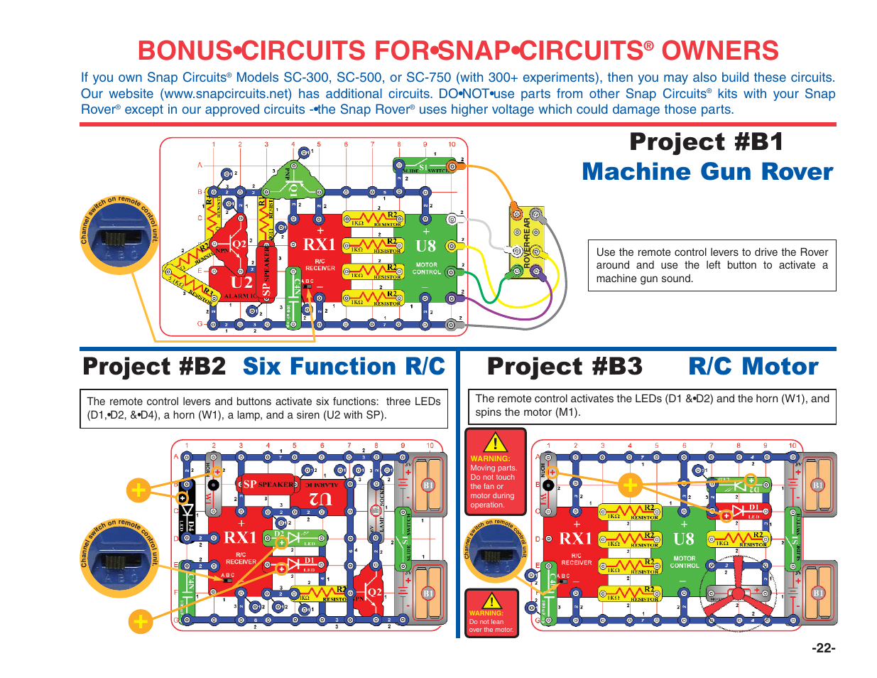 Bonus•circuits for•snap•circuits, Owners, Project #b3 r/c motor | If you own snap circuits, Kits with your snap rover, Except in our approved circuits -•the snap rover, Uses higher voltage which could damage those parts | Elenco R/C Snap Rover® User Manual | Page 23 / 24
