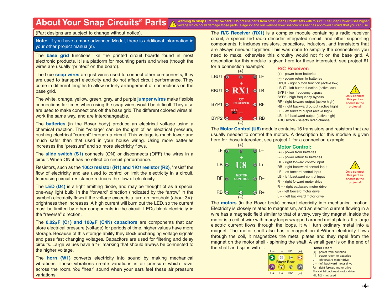About your snap circuits, Parts | Elenco R/C Snap Rover® User Manual | Page 5 / 24
