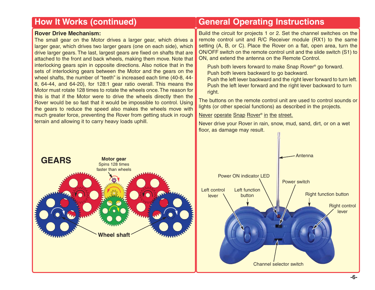 General operating instructions, How it works (continued), Gears | Elenco R/C Snap Rover® User Manual | Page 7 / 24