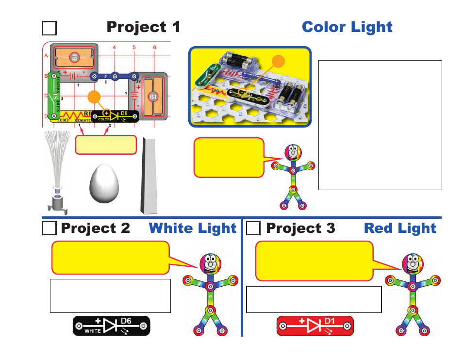 Project 1 color light, Project 2 white light project 3 red light | Elenco LIGHT User Manual | Page 19 / 84