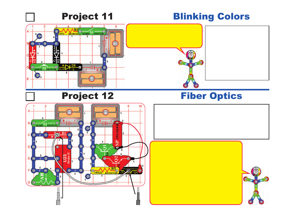 Project 11 blinking colors, Fiber optics project 12 | Elenco LIGHT User Manual | Page 25 / 84