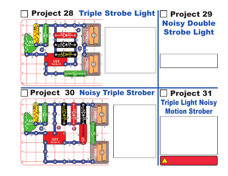 Project 28 triple strobe light, Project 30 noisy triple strober | Elenco LIGHT User Manual | Page 31 / 84