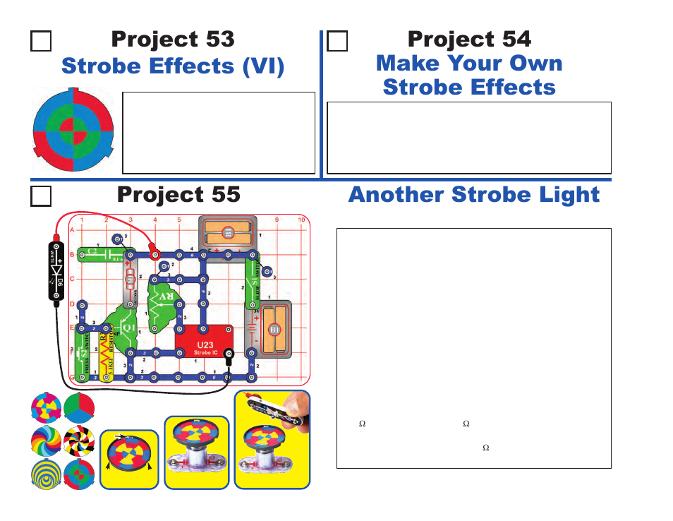 Project 53 strobe effects (vi), Project 54 make your own strobe effects, Project 55 another strobe light | Elenco LIGHT User Manual | Page 40 / 84